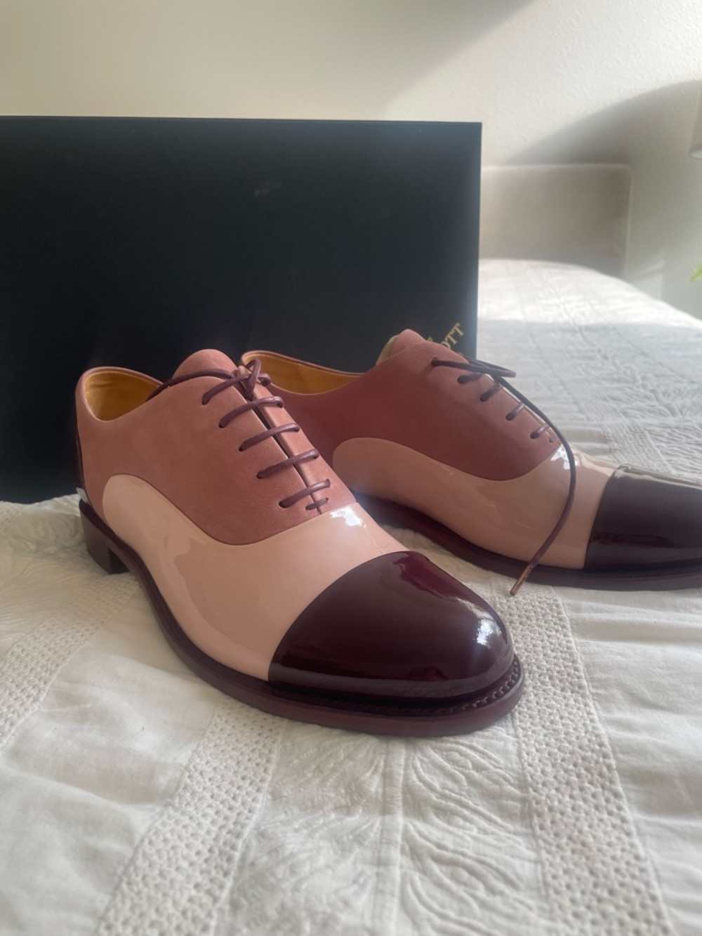 Two-Tone Patent & Suede Oxford Flats in Pink and Burgundy